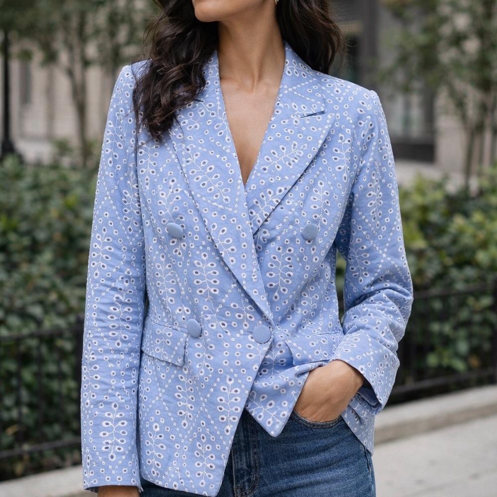 Boston Proper Double Breasted Light Blue Embroidered Eyelet Blazer Fully Lined 6